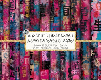 Paquete de papeles digitales con grafitis asiáticos, patrones de símbolos fantásticos desgastados sin costuras (descarga digital)