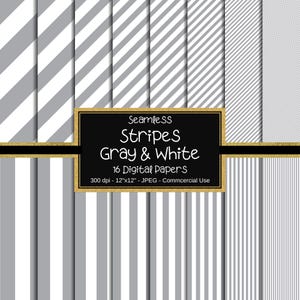 Papel digital de rayas sin costuras en gris y blanco, papel rayado, 16 rayas, fondo digital, papel para álbumes de recortes, uso comercial, instantáneo