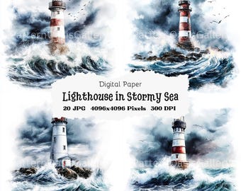 20 Lighthouse in Stormy Sea Clipart, Rugged Lighthouse Clipart, Ocean Scenery, Printable Watercolor Clipart, High Quality JPG, Ocean Clipart