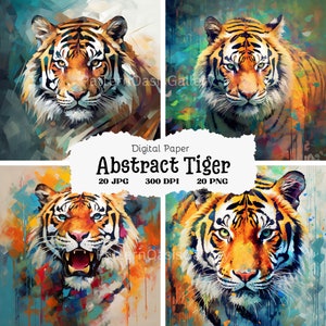 May include: A digital paper pack featuring four abstract watercolour tiger illustrations. The tigers are depicted in a variety of poses, with vibrant colours and brushstrokes. The pack includes 20 JPG and 20 PNG files, each at 300 DPI.