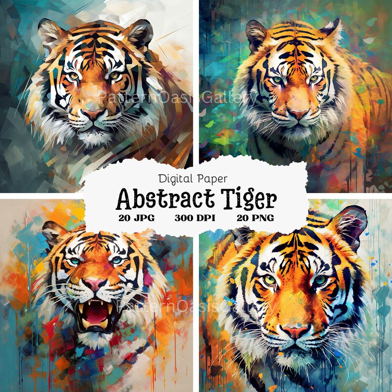 May include: A digital paper pack featuring four abstract watercolour tiger illustrations. The tigers are depicted in a variety of poses, with vibrant colours and brushstrokes. The pack includes 20 JPG and 20 PNG files, each at 300 DPI.