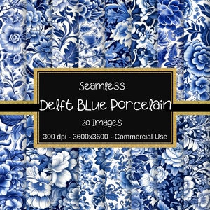 Modello senza cuciture in porcellana blu e bianca, carta digitale blu Delft, 12"x12", 20 immagini, motivo floreale blu