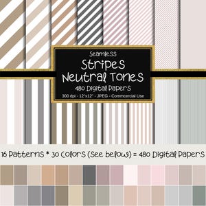 Neutral Colors Stripes Seamless Digital Paper Pack, 12"x12", 480 Papers, Striped Paper, Diagonal, Vertical, Seamless Stripes,Neutral Stripes