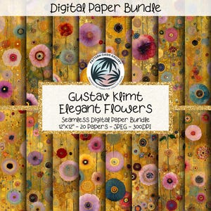 Op de afbeelding: Een digitale papierbundel met bloemmotieven geïnspireerd op Gustav Klimt. De papieren tonen kleurrijke bloemen in roze, paars, geel en blauw, tegen een gouden achtergrond. De bundel bevat 20 naadloze digitale papieren, elk 30,48 cm x 30,48 cm.