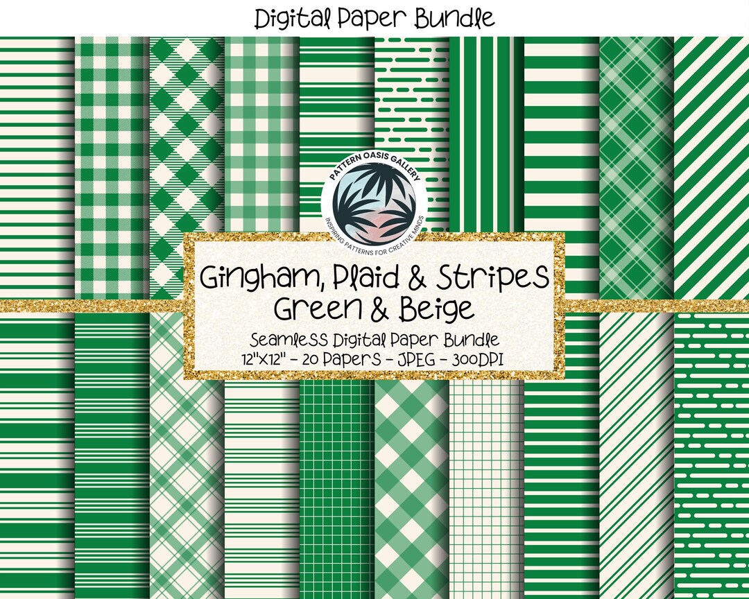 Gingham Plaid Stripes Digital Paper Bundle: Green & Beige, Seamless ...