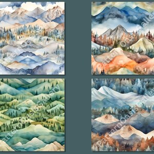 Op de afbeelding: Vier aquarellen van berglandschappen in tinten blauw, groen en bruin. De schilderijen tonen verschillende bergketens, bossen en wolken.