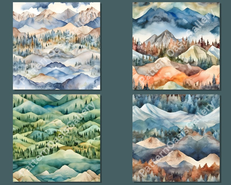 Op de afbeelding: Vier aquarellen van berglandschappen in tinten blauw, groen en bruin. De schilderijen tonen verschillende bergketens, bossen en wolken.