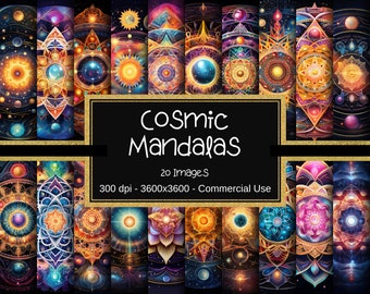 Kosmisches Mandala Digital Papier, Buntes Mandala Digital Papier, Mandala Bilder, 20 Designs, 12 "x 12", kommerzielle Nutzung, Aquarell Mandala