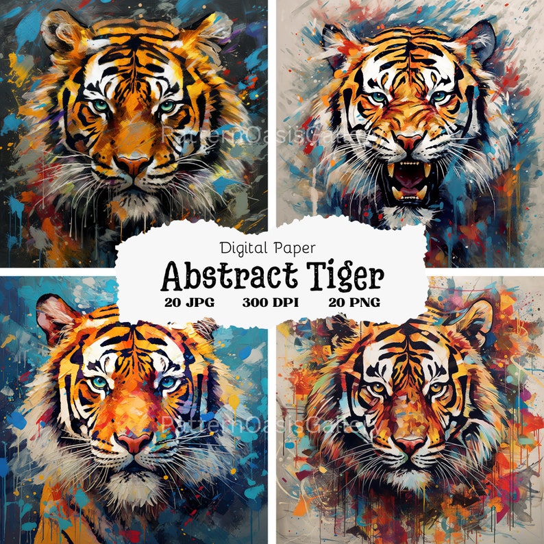 May include: A set of four digital paper designs featuring abstract watercolour tiger faces. The tigers have orange and black stripes with blue eyes. The backgrounds are a mix of blue, green, yellow, and orange.