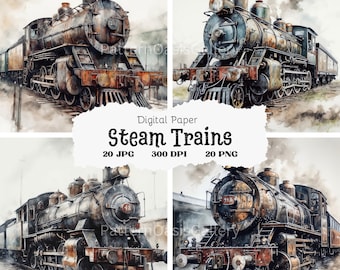 20 Designs of Steam Trains Clipart, Watercolor Trains, Train Clip Art, Digital Print, Wall Art, Commercial Use, JPGs & PNGs, #91