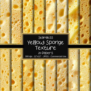 May include: A digital art image featuring a seamless yellow sponge texture. The image displays 20 papers with a porous, textured appearance. The text on the image reads "Seamless Yellow Sponge Texture" and "20 Papers".