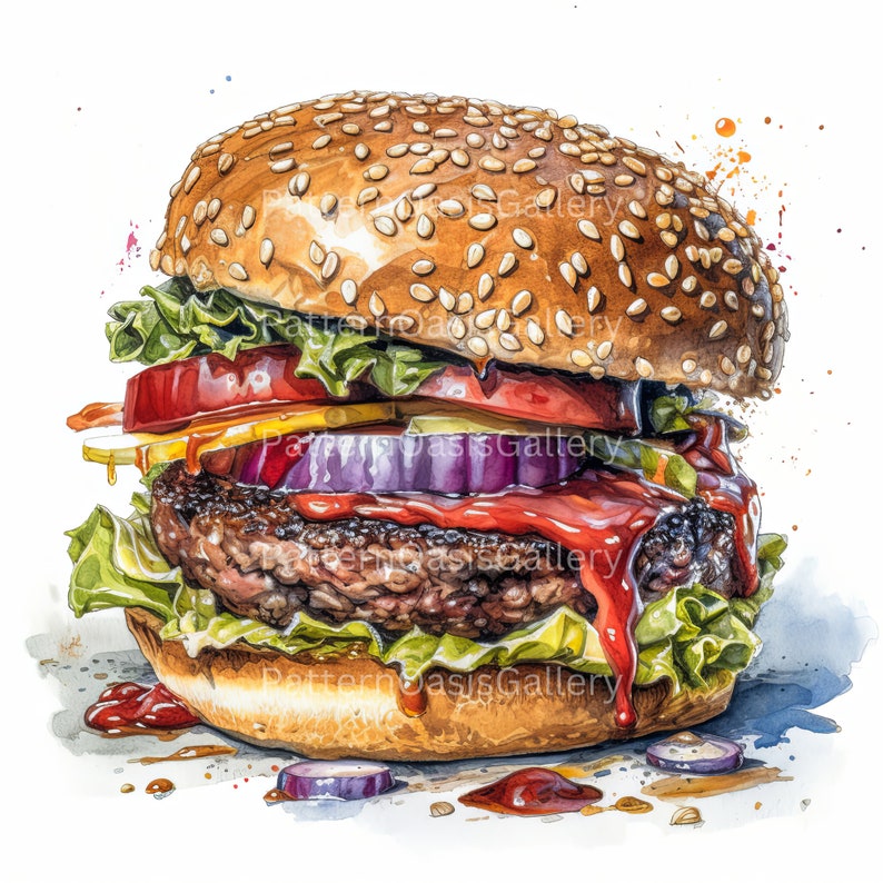 Op de afbeelding: Een sappige hamburger met sla, tomaat, ui en augurken, bedekt met ketchup en sesamzaadjes. De hamburger staat op een witte achtergrond met rode en oranje verfspatten.