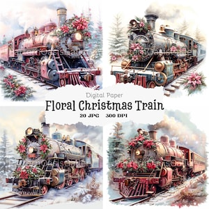 20 Floral Christmas Train Clipart, Floral Train Images, JPGs, Junk Journal, Digital Paper Craft, Card Making, Printable Watercolor Clipart