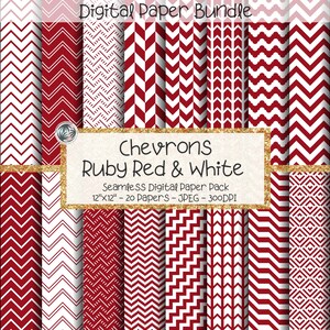 Könnte beinhalten: Ein digitales Papierbündel mit roten und weißen Chevron-Mustern. Die Kollektion umfasst eine Vielzahl nahtloser Designs, mit dem Text "Chevrons Ruby Red & White" und "12"x12" - 20 Papers - JPEG - 300DPI".