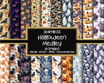 Watercolor Halloween Seamless Patterns, Halloween Digital Papers, 20 Designs, 12"x12", Commercial Use, Halloween Pattern, Spooky Halloween