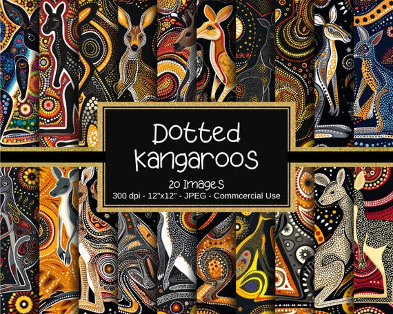 Dotted Kangaroo Digital Paper, Kangaroo Pattern, Dot Art Technique, 20 Images, 12"x12", Commercial Use, Dot Art
