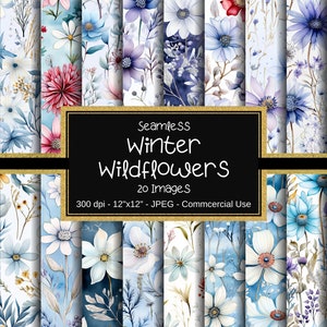 May include: A set of 20 digital seamless patterns featuring watercolor winter wildflowers in shades of blue, white, and pink. The patterns are 12 inches by 12 inches and 300 dpi. The text "Seamless Winter Wildflowers 20 Images 300 dpi - 12"x12" - JPEG - Commercial Use" is displayed on a black background.