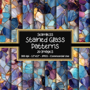 Stained Glass Seamless Patterns, Stained Glass Digital Papers, 20 Designs, 12&quot;x12&quot;, Stained Glass Sublimation, Commercial Use, Scrapbooking
