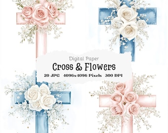Akvarell blommig kors clipart, religiösa påsk-JPG-bilder (digital nedladdning)