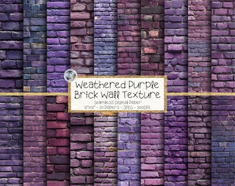 Purple Brick Seamless Digital Paper, Weathered Brick Textures, Brick Wall Background, Rustic Printable Paper, 20 Papers, 12"x12", Scrapbook