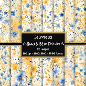 Carta digitale con fiori gialli e blu, motivo floreale senza soluzione di continuità, 12"x12", Shabby Chic, fiori incantati, carta per diario spazzatura scrapbook JPG