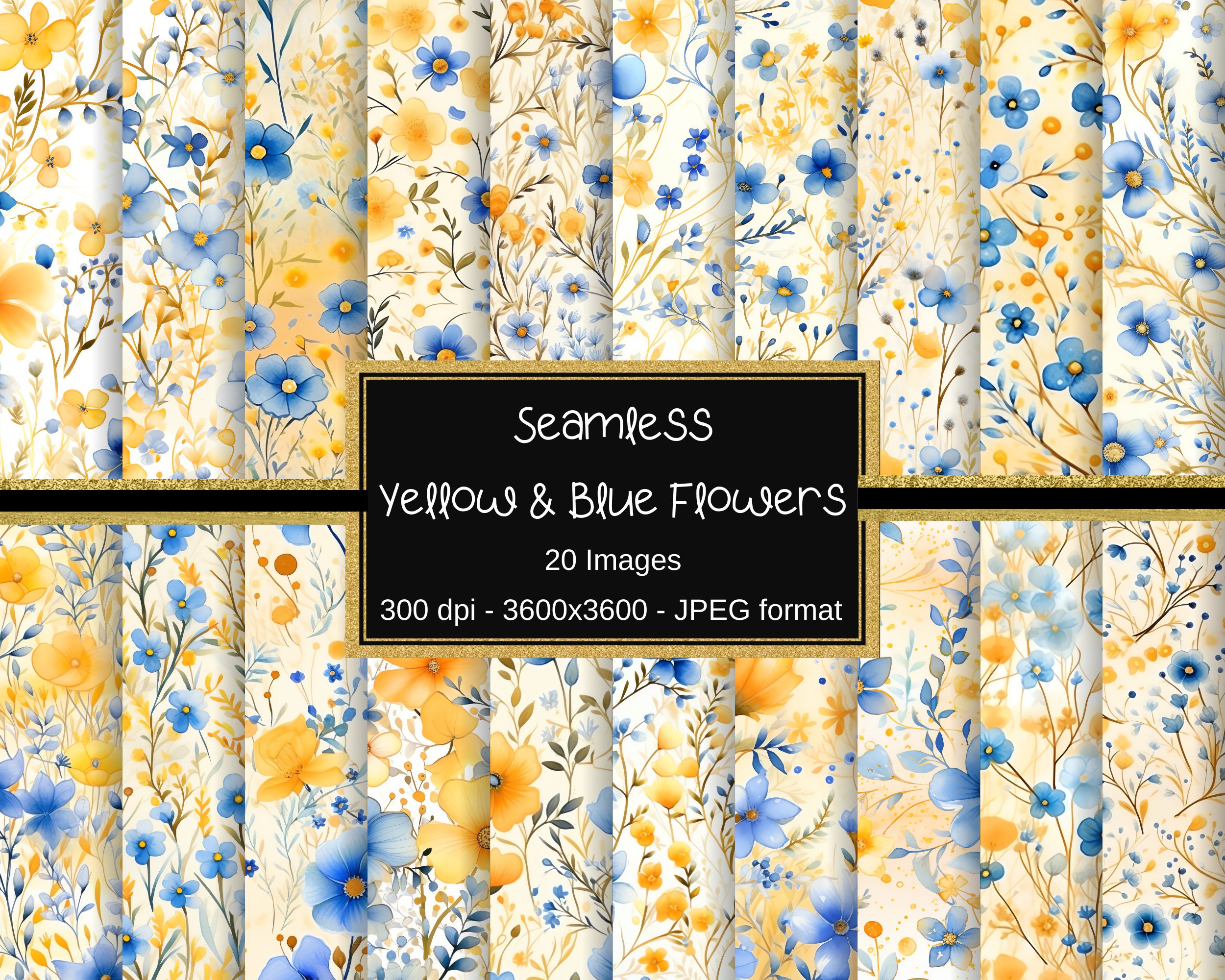 Yellow and Blue Flowers Digital Paper, Seamless Floral Pattern, 12"x12", Shabby Chic, Enchanted Flowers, Scrapbook Junk Journal Paper JPG