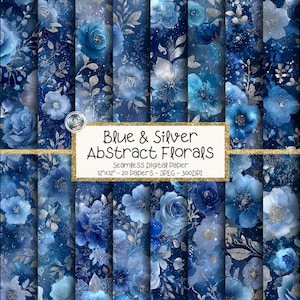 Könnte beinhalten: Eine Sammlung von zwanzig nahtlosen digitalen Papieren mit abstrakten Blumenmustern in Blau- und Silbertönen. Der zentrale Text lautet: Blue & Silver Abstract Florals, Seamless Digital Paper, 30,48 cm x 30,48 cm - 20 Papiere - JPEG - 300 DPI.