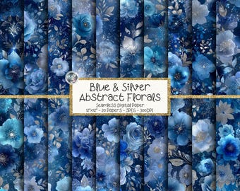 Blue Silver Floral Digital Paper Bundle, Seamless Glitter Botanical Patterns (Digital Download)