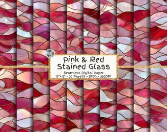 Pink Red Stained Glass Digital Paper Bundle, Seamless Abstract Mosaic (Digital Download)