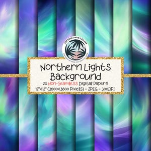 Northern Lights Digital Paper, Northern Lights Backgrounds, Aurora Borealis Pattern, 20 Images, 12"x12", Aurora Borealis Color Gradient