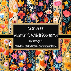 May include: A set of 20 digital seamless patterns featuring vibrant wildflowers in various colors, including red, orange, yellow, pink, and blue, on a dark background. The patterns are 3600x3600 pixels and 300 dpi, and are for commercial use.