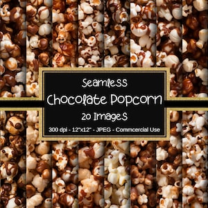 May include: A digital paper pack of 20 seamless patterns featuring popcorn drizzled with chocolate. The patterns are 12 inches by 12 inches and 300 dpi. The text "Seamless Chocolate Popcorn 20 Images 300 dpi - 12"x12" - JPEG - Commercial Use" is displayed on a black background with a gold border.