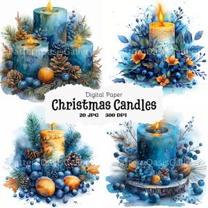 Può includere: Carta digitale ad acquerello con quattro disegni di candele natalizie. Ogni disegno mostra una candela con una fiamma accesa, circondata da aghi di pino, bacche e pigne. Il testo "Christmas Candles" è visualizzato al centro.