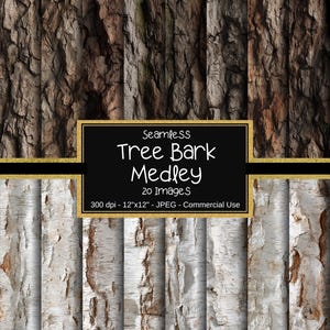 Op de afbeelding: Een digitale afbeelding met een naadloze boomstam medley. De afbeelding toont verschillende texturen en kleuren van boomschors, waaronder donkerbruin en lichtgrijs. De tekst op de afbeelding luidt "Seamless Tree Bark Medley" met 20 afbeeldingen, 300 dpi, 30.48cm x 30.48cm JPEG.