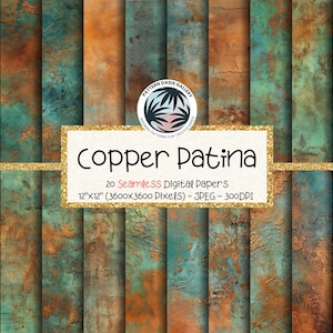 Sömlöst digitalt papper med sliten kopparpatina, antika koppartexturer, utskrivbart papper, direktnedladdning, grungekoppar och patinagrönt