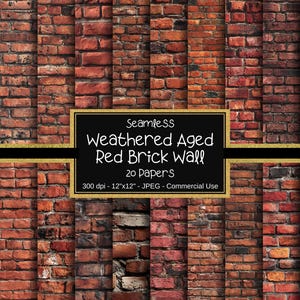 May include: A digital image featuring a seamless pattern of a weathered, aged red brick wall. The image is composed of 20 papers, each displaying a section of the brick wall. The image includes the text "Seamless Weathered Aged Red Brick Wall".