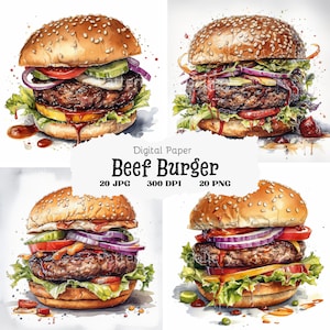 Op de afbeelding: Vier aquarel illustraties van rundvleesburgers met sesamzaadjes, sla, tomaat, ui, augurken en kaas. De burgers zijn op een witte achtergrond met spatten van aquarelverf.