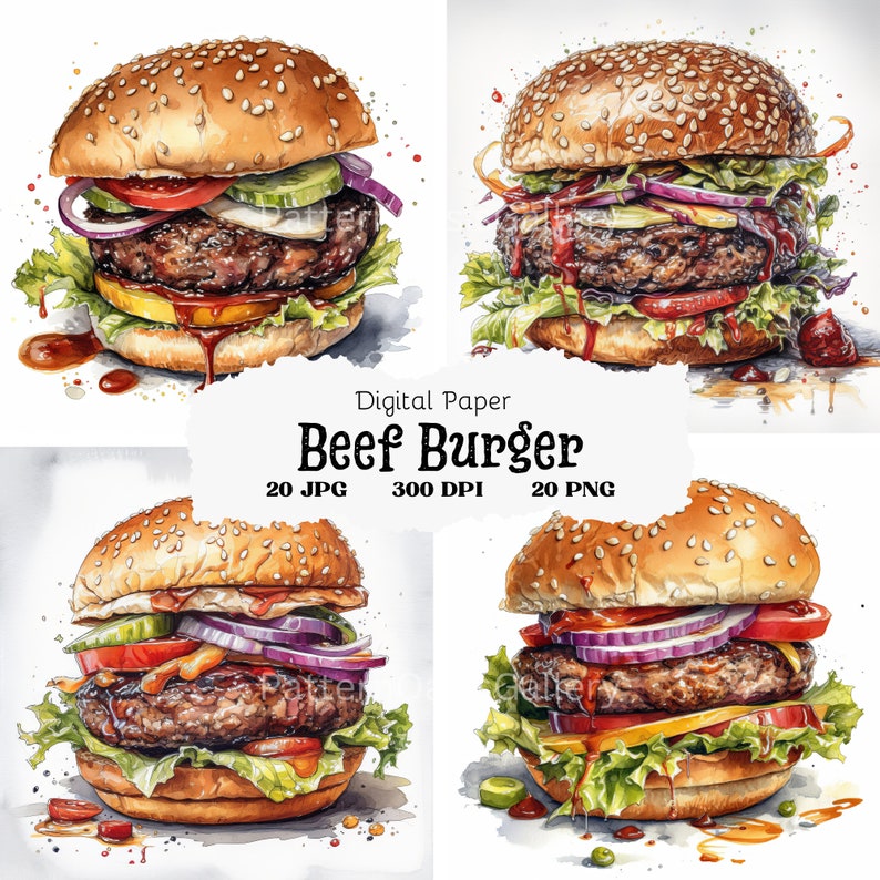 Op de afbeelding: Vier aquarel illustraties van rundvleesburgers met sesamzaadjes, sla, tomaat, ui, augurken en kaas. De burgers zijn op een witte achtergrond met spatten van aquarelverf.