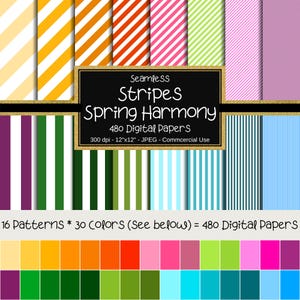 Spring Vibes Stripes Seamless Digital Paper Pack, 12"x12", 480 Papers, Striped Paper, Diagonal, Vertical, Seamless Stripes, Spring Colors
