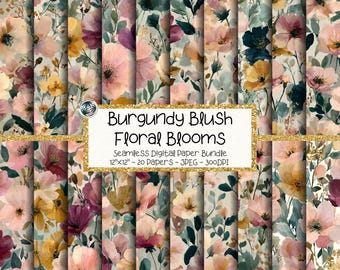 Watercolor Wildflower Digital Paper Bundle, Seamless Burgundy Blush Floral Pattern (Digital Download)