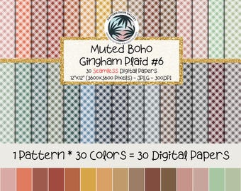 Muted Boho Gingham Digital Paper Bundle, Seamless Plaid Check Pattern, 30 Scrapbook Papers (Digital Download)