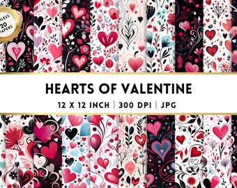 May include: A set of 20 digital papers featuring a seamless pattern of hearts, flowers, and swirls in shades of pink, red, blue, and black. The papers are 12 x 12 inches and 300 DPI.