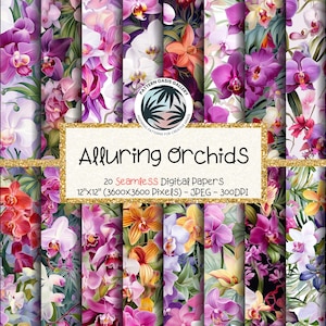 Enchanted Orchids Seamless Digital Papers, Purple Orchids Seamless Patterns, Colorful Orchid Patterns, 20 Designs, 12"x 12", Scrapbooking