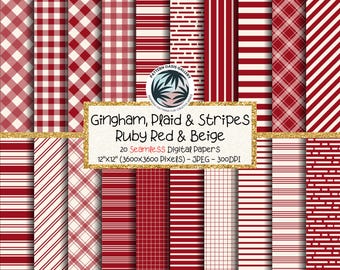 Gingham Plaid Stripes Digital Paper Bundle: Ruby Red & Beige, Seamless Patterns (Instant Download), 300DPI