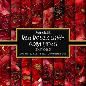 May include: Seamless digital paper pack featuring 20 red rose patterns with gold lines. Each pattern is 12 inches by 12 inches and 300 dpi.  Commercial use.