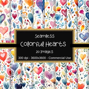Seamless Hearts Digital Paper, Colorful Watercolor Hearts Pattern, Scrapbooking, Instant Download, Hearts Background, Vibrant Hearts