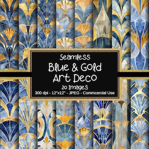 May include: A set of 20 digital seamless patterns in blue and gold Art Deco style. Each pattern is 12 inches by 12 inches and 300 dpi. The patterns are perfect for scrapbooking, card making, and other craft projects.