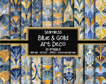 May include: A set of 20 digital seamless patterns in blue and gold Art Deco style. Each pattern is 12 inches by 12 inches and 300 dpi. The patterns are perfect for scrapbooking, card making, and other craft projects.
