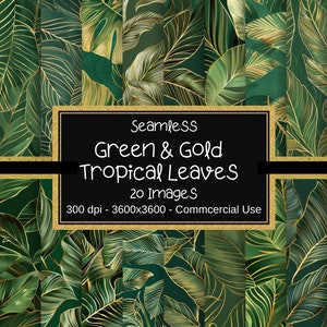 Foglie tropicali verdi e dorate Carta digitale SENZA GIUNTE, Sfondi foglie giungla, Lamina d'oro, 20 disegni, 12"x12", Uso commerciale