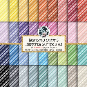 May include: A collection of 36 digital papers with diagonal stripes in a rainbow of colors. Each paper is 12x12 inches and features a unique color combination, including yellow, orange, pink, blue, and green. The text on the image reads "Rainbow Colors Diagonal Stripes #3".